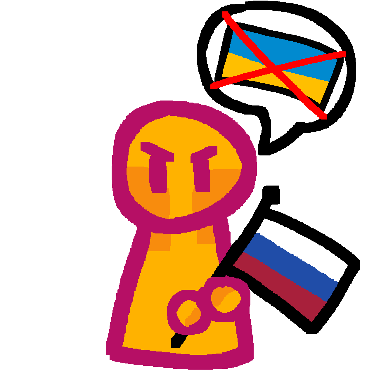 a yellow person holding the russian flag. there is a speech bubble coming out of them that has the ukrainian flag crossed out in red.